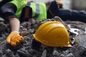 Casque de sécurité jaune et ouvrier blessé sur le sol : accident du travail en Tunisie